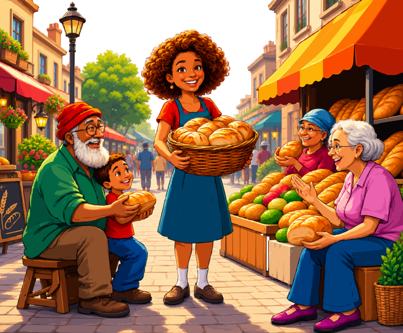 Neighbours handing out fresh loaves at a market stall